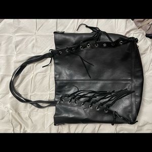 Inc. (Macys), leather tote, tassels on front, magnet close, inside removable bag